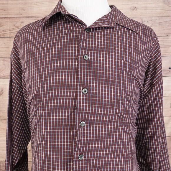 VAN HEUSEN WRINKLE FREE STAIN SHIELD BURGUNDY CHECK BUTTON UP SHIRT MENS 2XL XXL - Picture 1 of 6